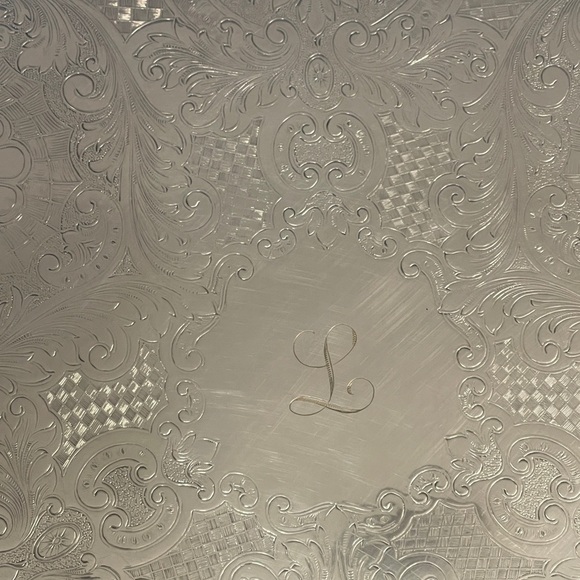 Silver Plated Serving Platter 20" Lg Butlers Tray Embossed Scroll Monogrammed L - Picture 2 of 5
